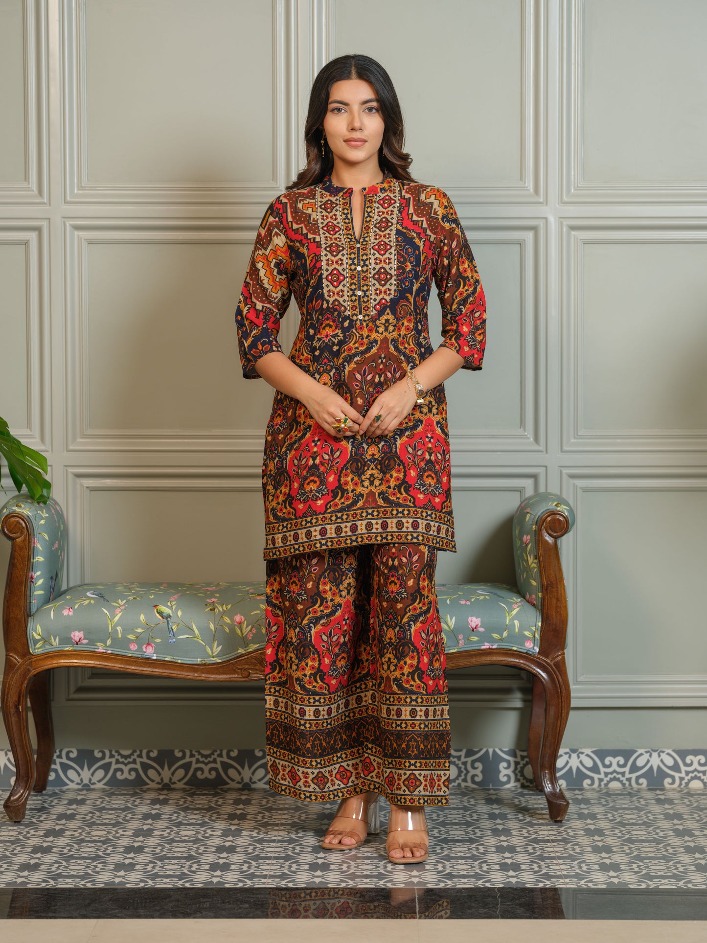 Ajrak Printed with embroidered Top with Palazzos Co-Ords