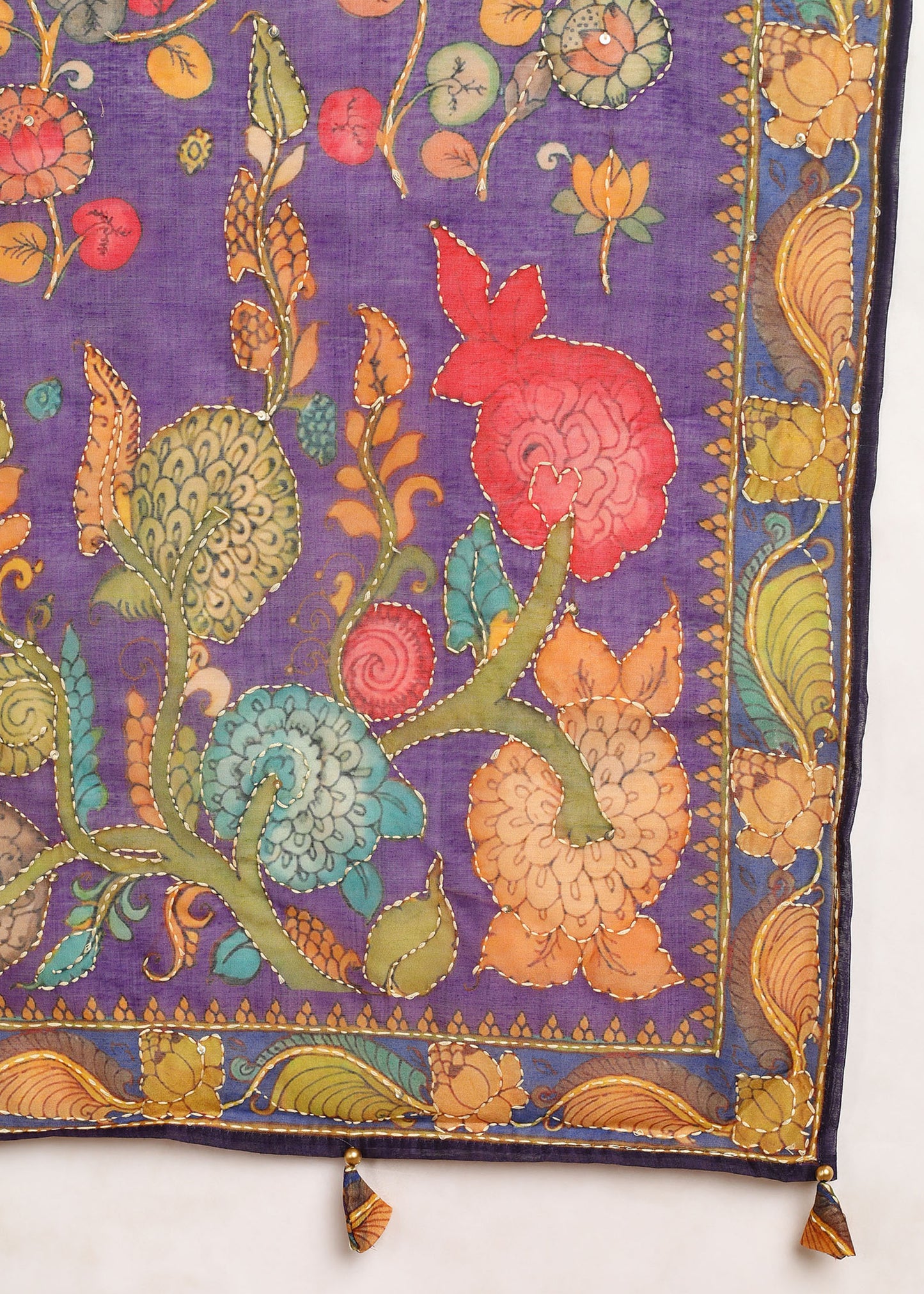 Women's Purple Ethnic Motif Printed Kurta with Kantha & Sequin Work, Paired with Trousers and Dupatta