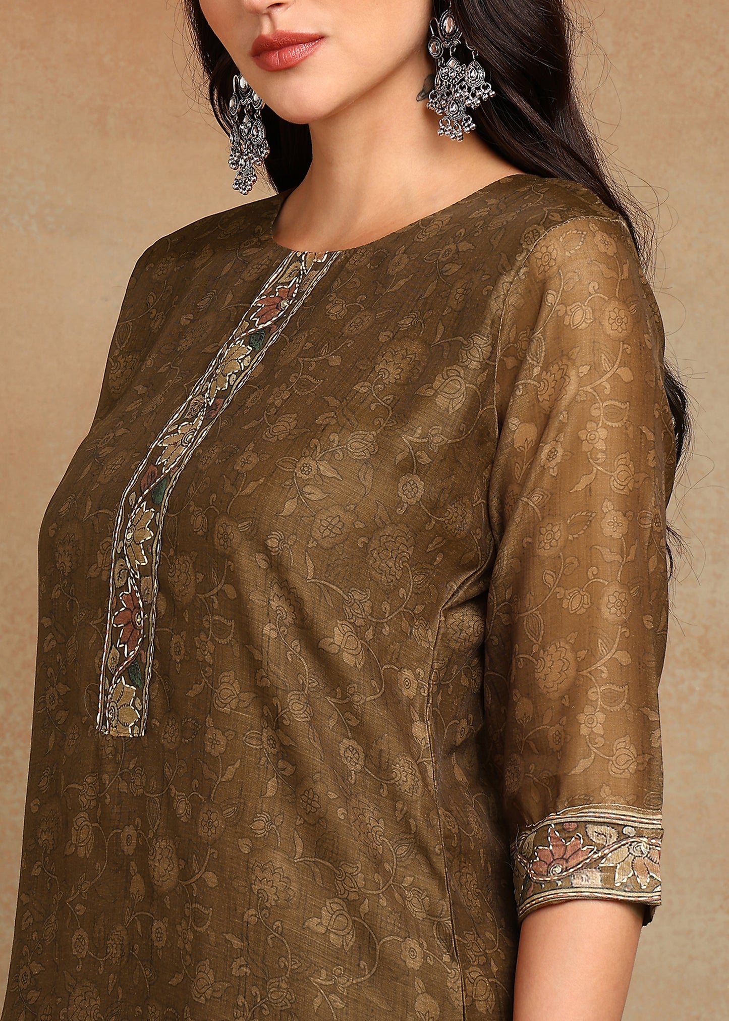 Women's Olive-Green Ethnic Motif Printed Kurta with Kantha & Sequin Work, Paired with Trousers and Dupatta