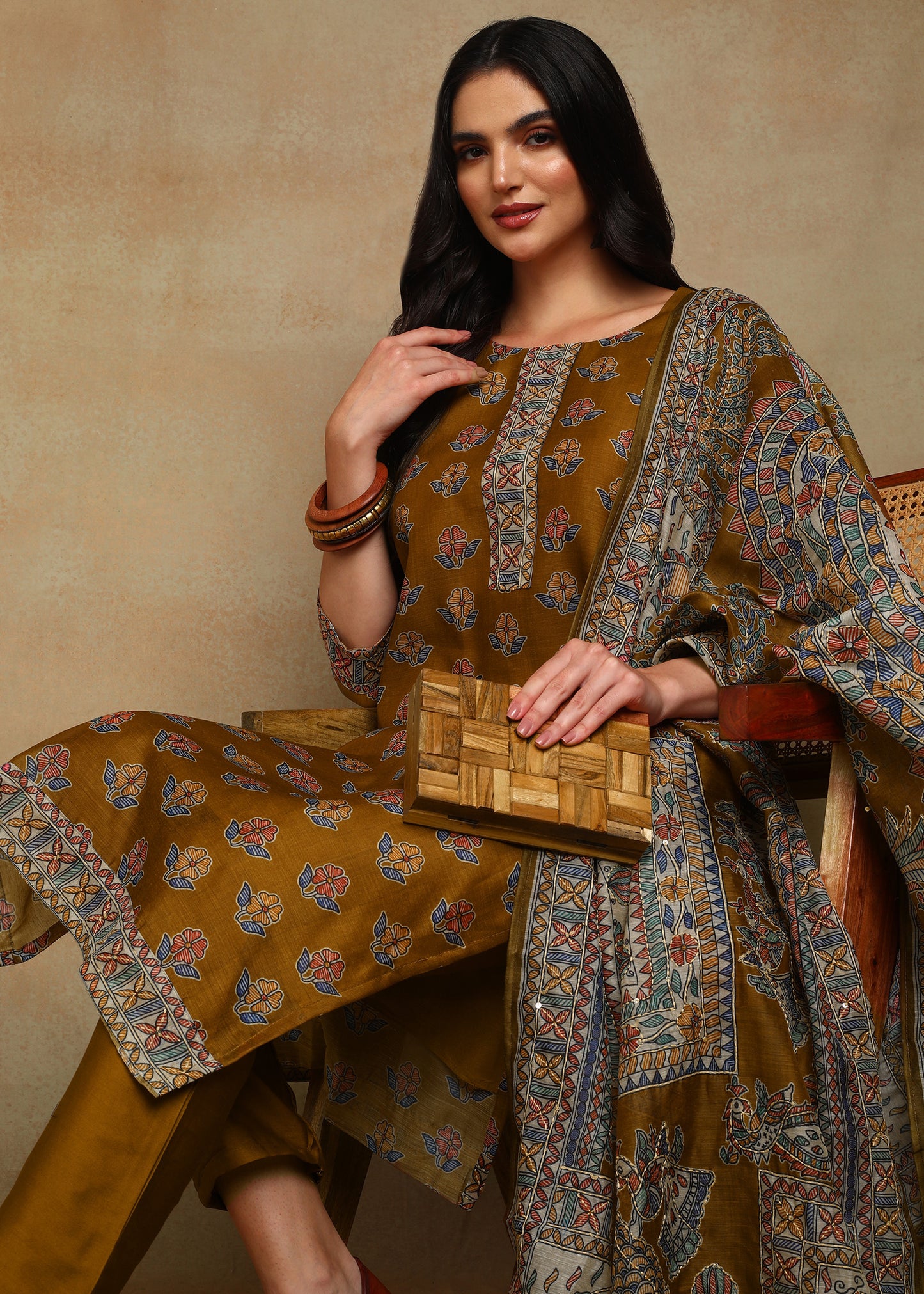 Women's Olive Green Ethnic Motif Printed Kurta with Kantha & Sequin Work, Paired with Trousers and Dupatta