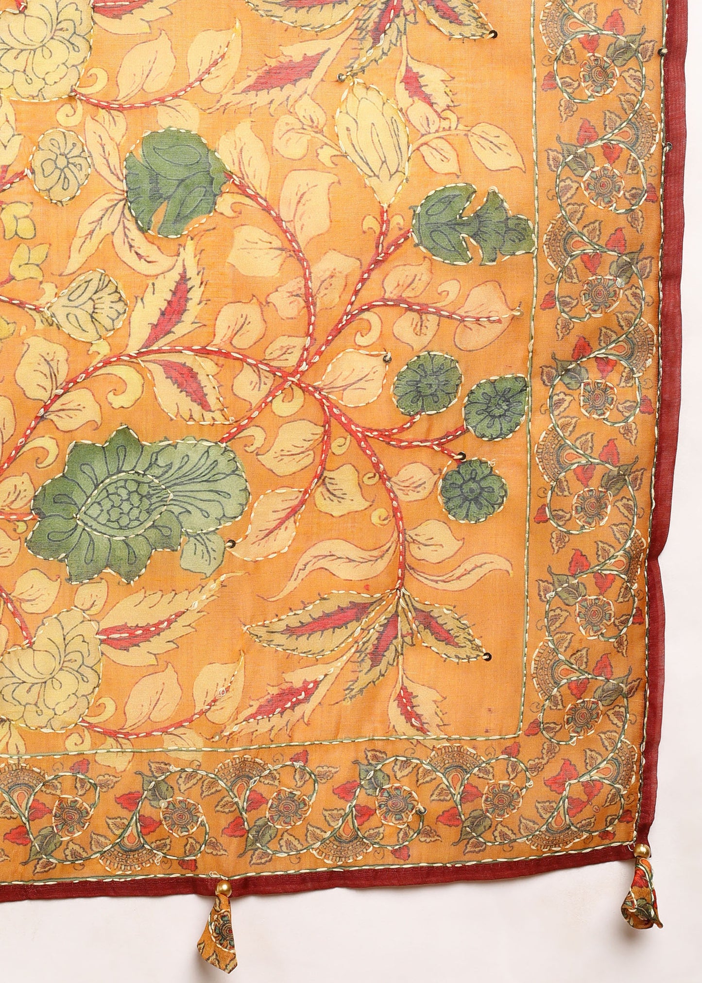 Women's Yellow Ethnic Motif Printed Kurta with Kantha & Sequin Work, Paired with Trousers and Dupatta