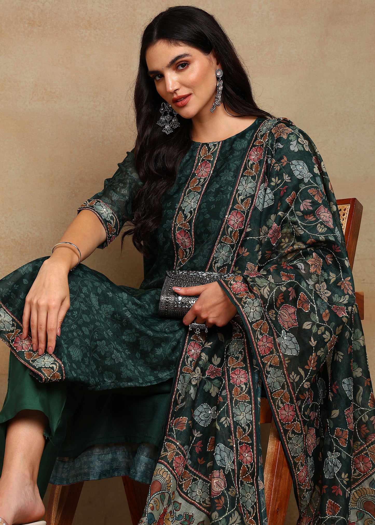 Women's Green Ethnic Motif Printed Kurta with Kantha & Sequin Work, Paired with Trousers and Dupatta