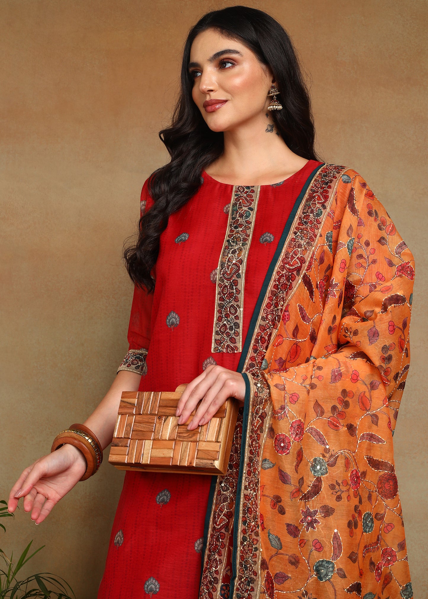 Women's Red Ethnic Motif Printed Kurta with Kantha & Sequin Work, Paired with Trousers and Dupatta