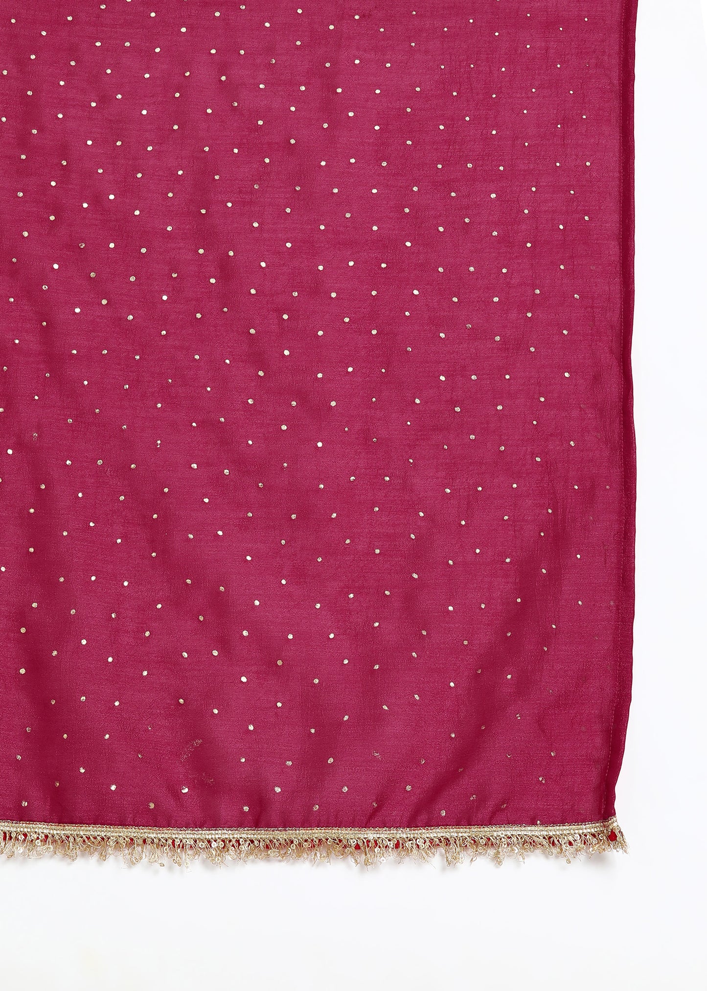Burgundy Vichitra Foil Print & Embroidered Kurta Set with Lace Detailed Dupatta