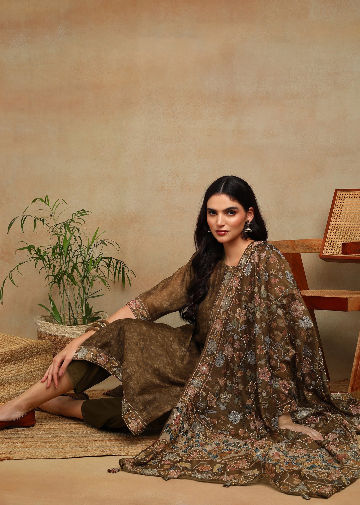 Women's Mustard Ethnic Motif Printed Kurta with Kantha & Sequin Work, Paired with Trousers and Dupatta