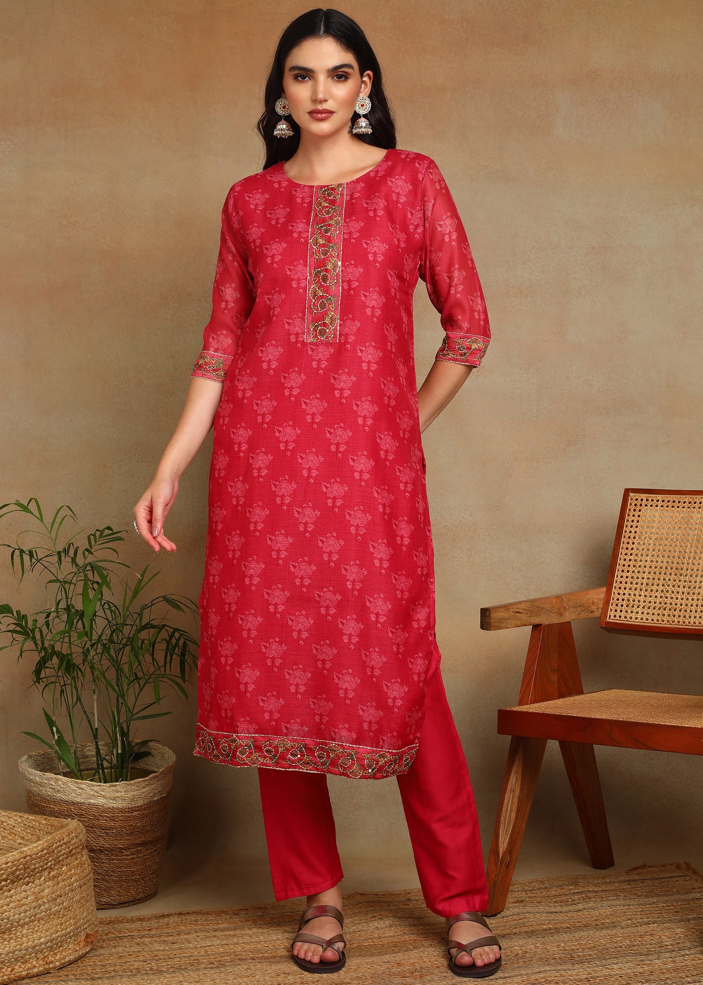 Women's Pink Ethnic Motif Printed Kurta with Kantha & Sequin Work, Paired with Trousers and Dupatta