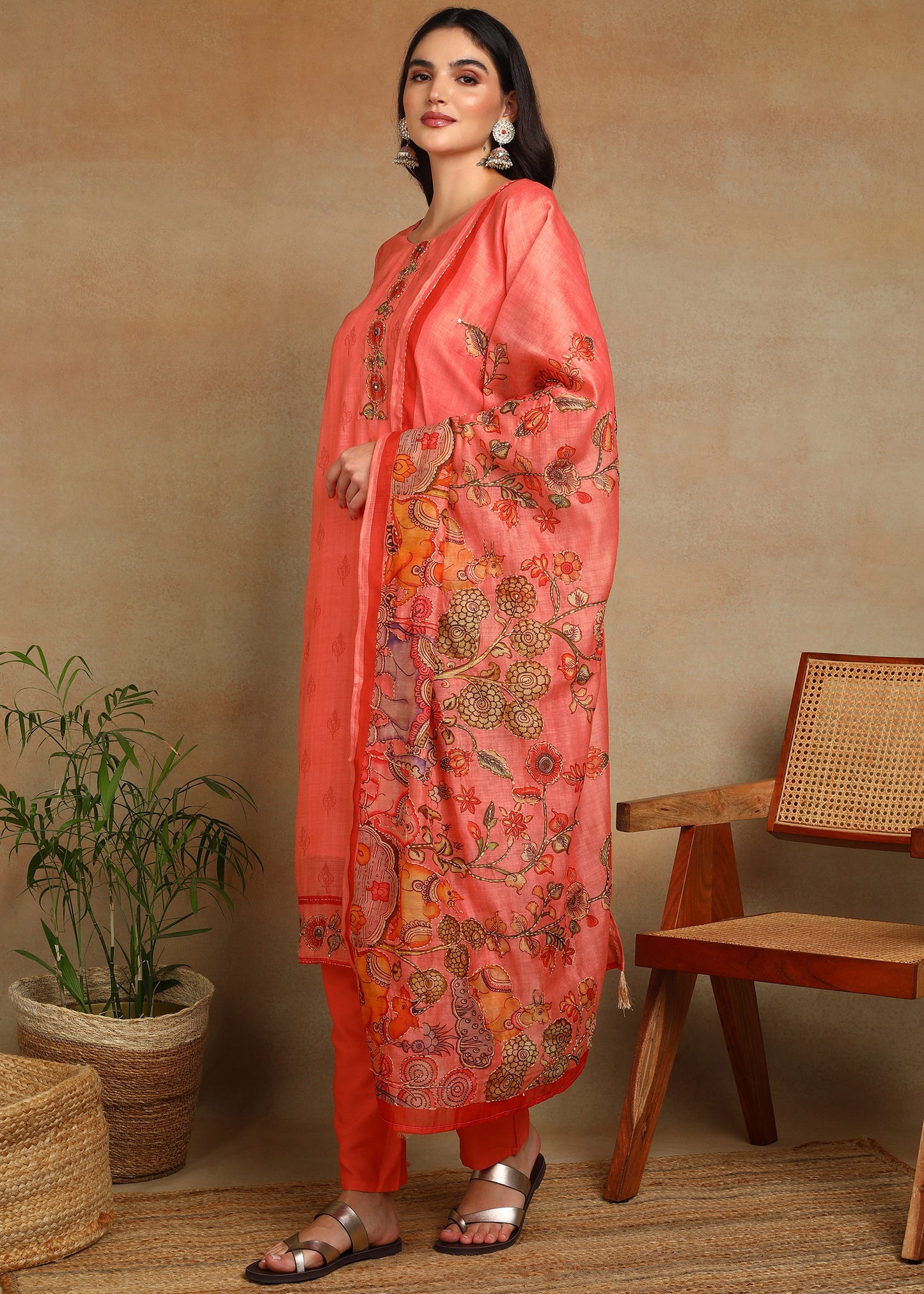 Women's Peach Ethnic Motif Printed Kurta with Kantha & Sequin Work, Paired with Trousers and Dupatta