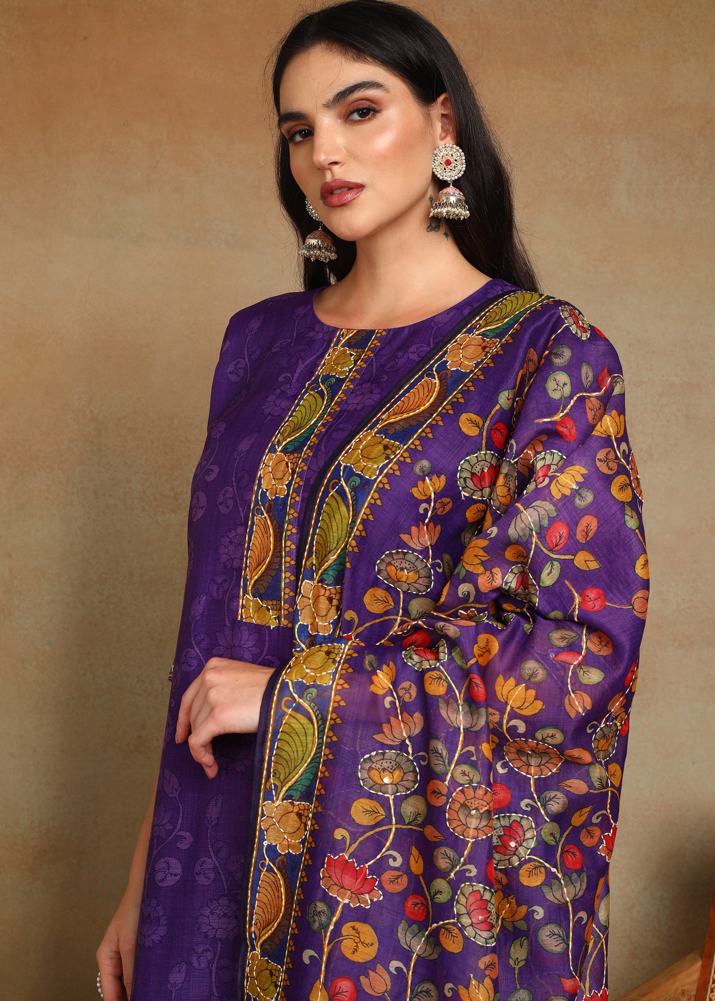 Women's Purple Ethnic Motif Printed Kurta with Kantha & Sequin Work, Paired with Trousers and Dupatta