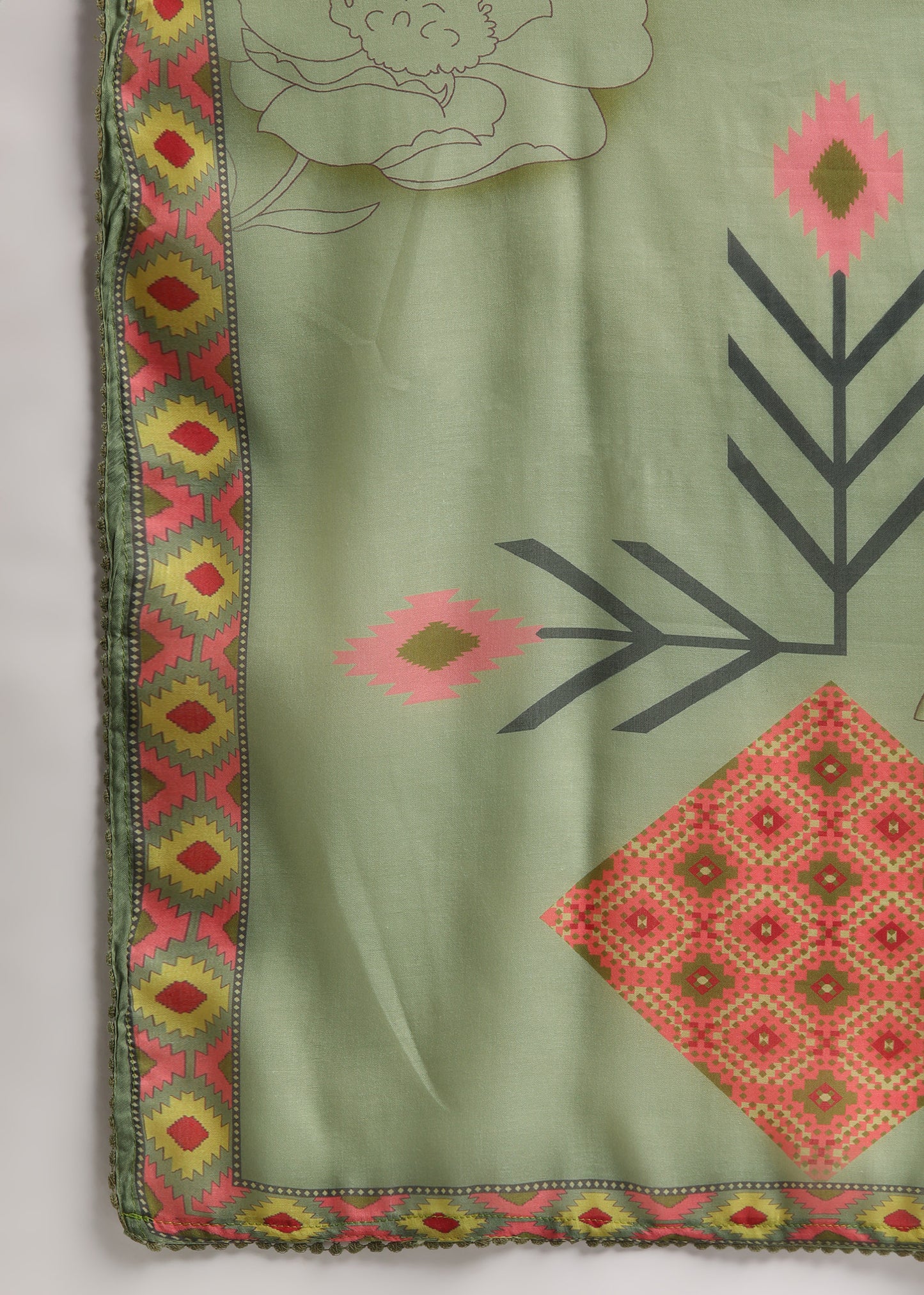 Women Pista Green Rayon Embroidered Kurta Set with Mirror Work & Printed Cotton Dupatta