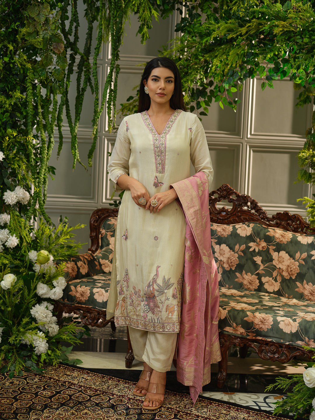 Elegant off White Embroidered Kurta Set with Pink Dupatta