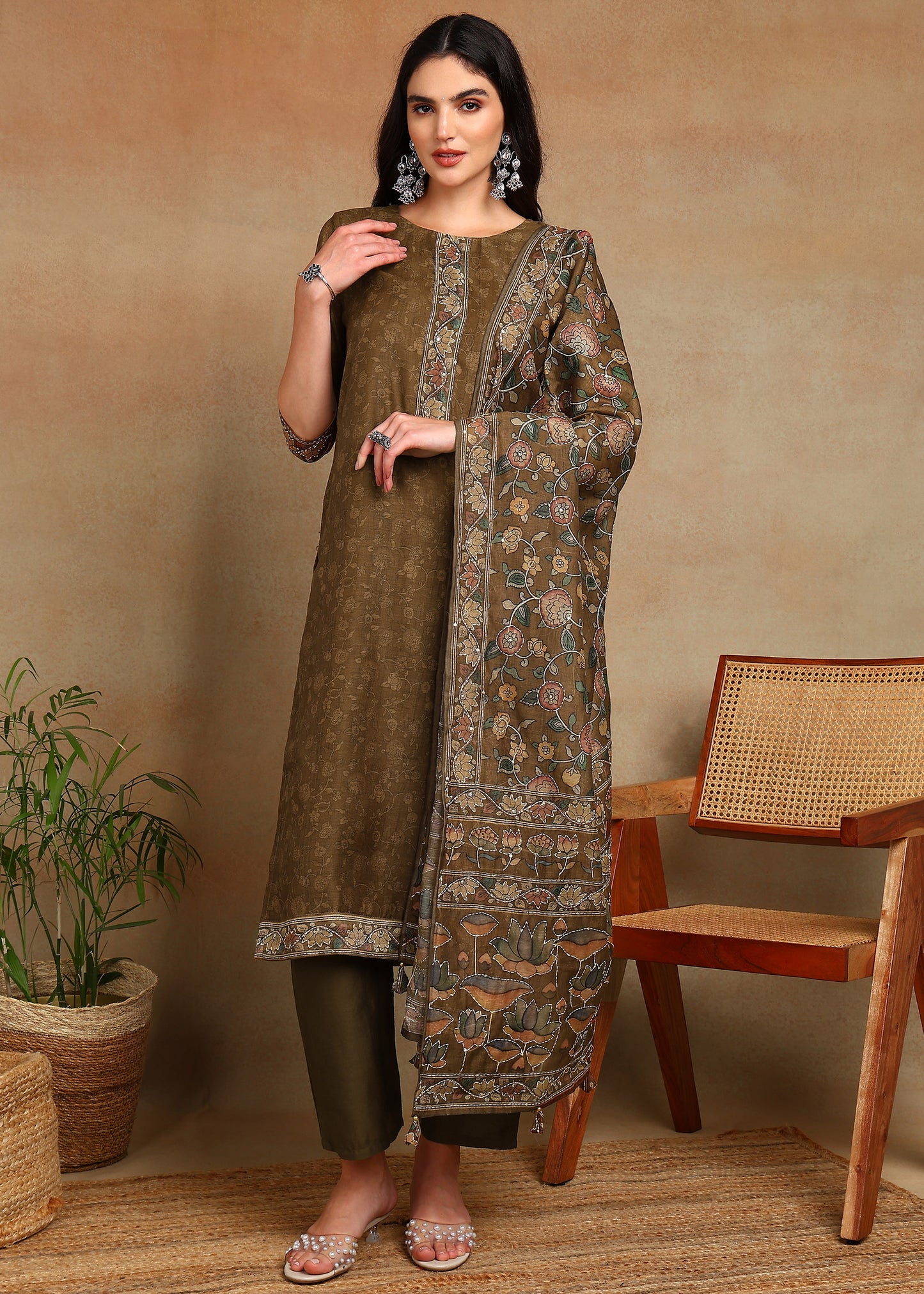 Women's Olive-Green Ethnic Motif Printed Kurta with Kantha & Sequin Work, Paired with Trousers and Dupatta