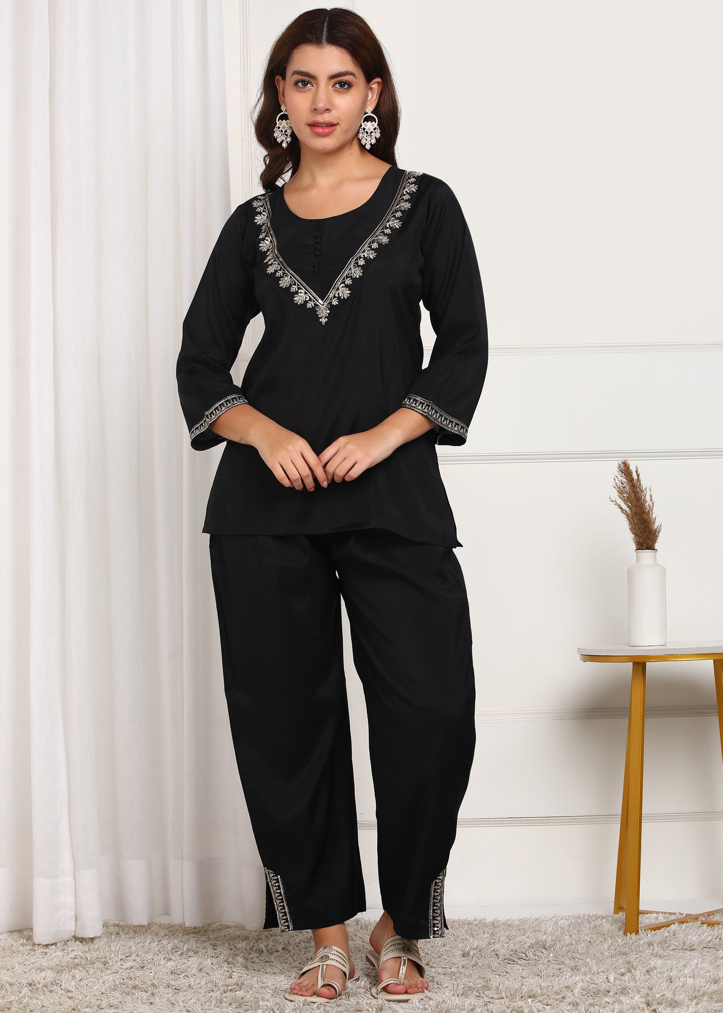 Elegant Black Embroidered Co-ord Set with Bell Sleeves