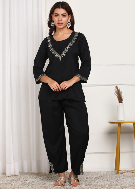 Elegant Black Embroidered Co-ord Set with Bell Sleeves
