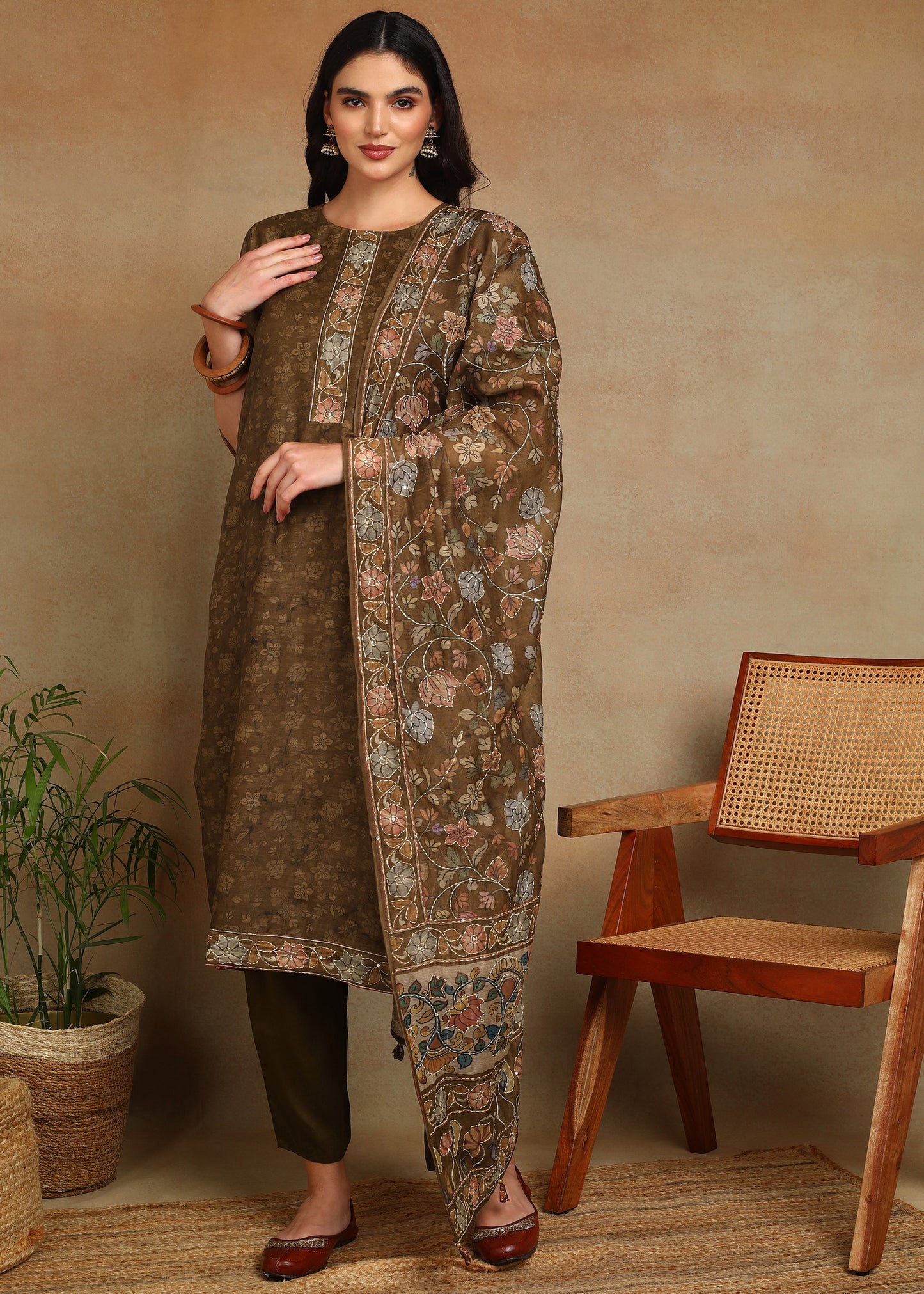 Women's Mustard Ethnic Motif Printed Kurta with Kantha & Sequin Work, Paired with Trousers and Dupatta