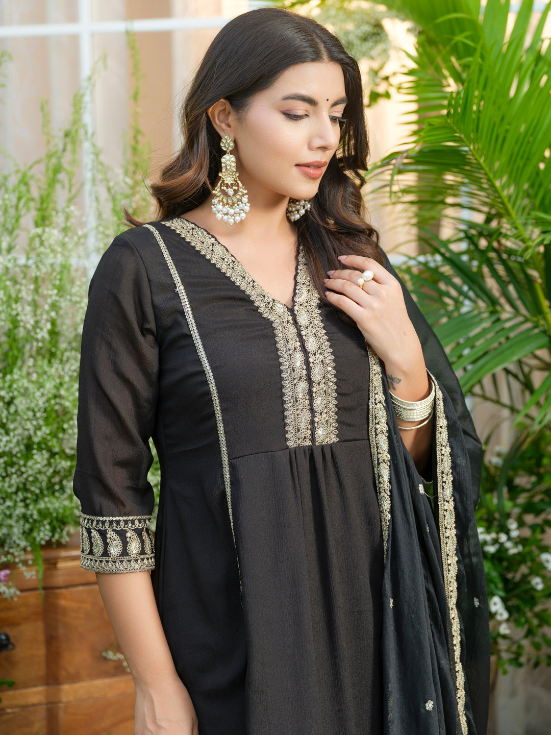 Embroidered V-Neck Chinon Kurta with pant Set and Chiffon Dupatta
