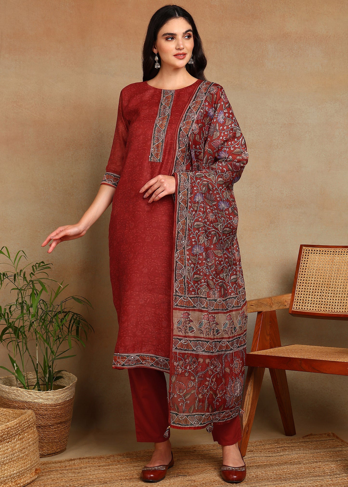 Women's Maroon  Ethnic Motif Printed Kurta with Kantha & Sequin Work, Paired with Trousers and Dupatta