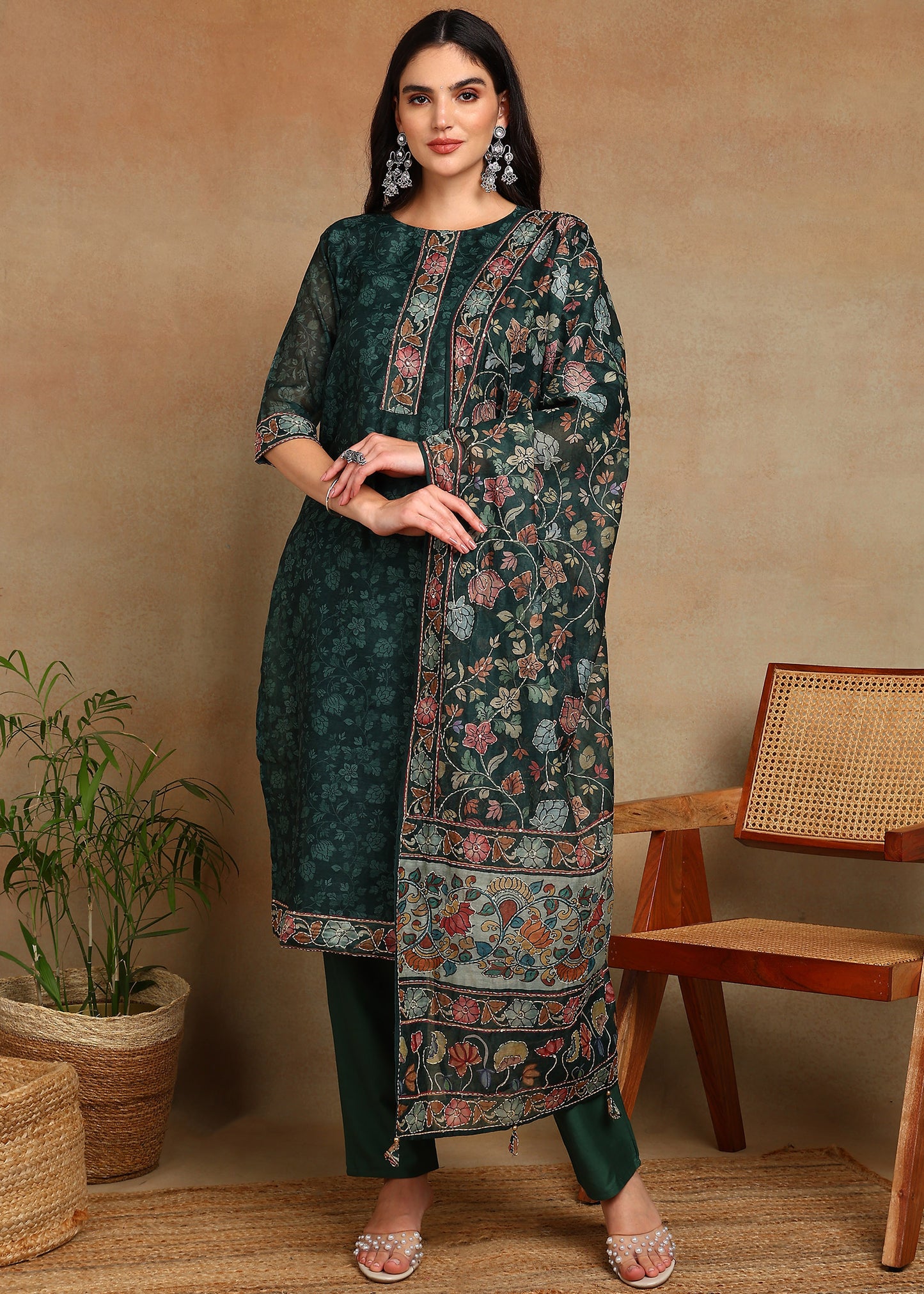 Women's Green Ethnic Motif Printed Kurta with Kantha & Sequin Work, Paired with Trousers and Dupatta