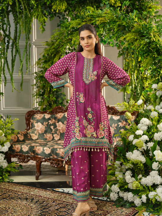 Wine Digital Print Co-ord Set with Handwork