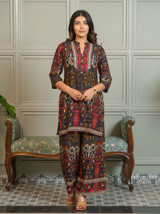 Printed Mandarin Collar Neck Top With Palazzos Co-Ords