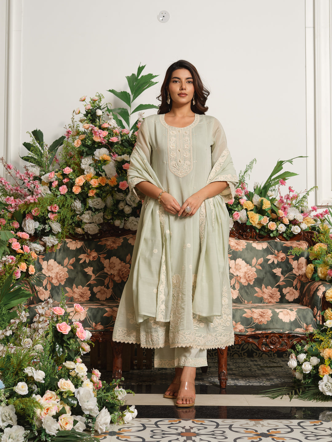 Beige Embroidered Anarkali Kurta Set with Matching Trousers and Embroidered Dupatta in Chanderi Silk Fabric