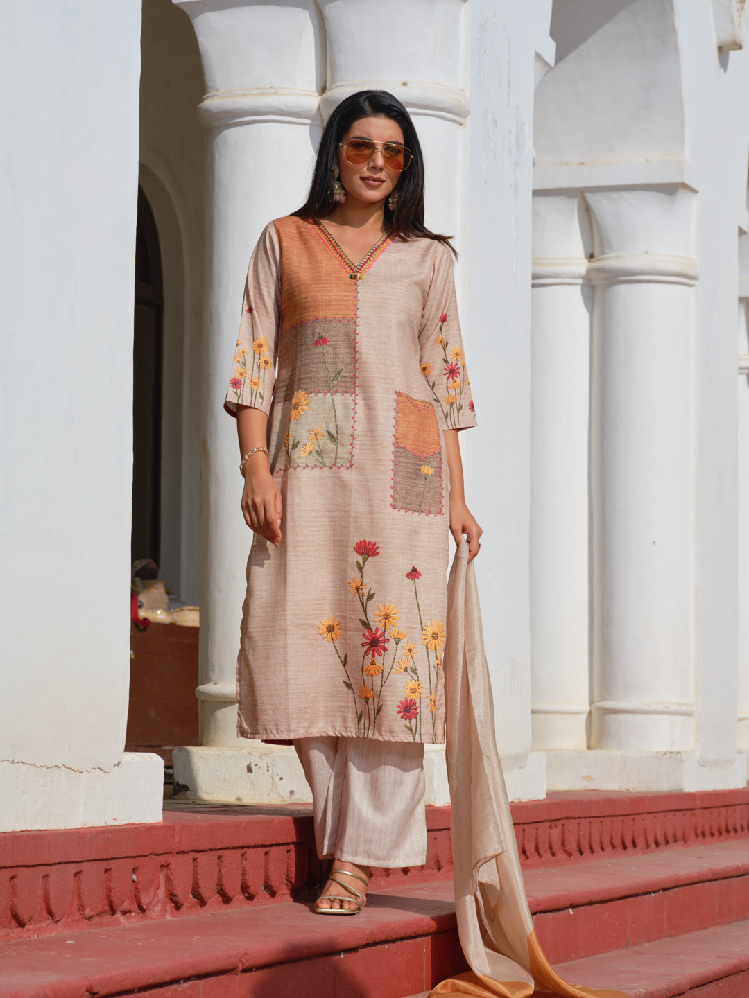 Beige Poly-Linen Embroidered 3-Piece Set