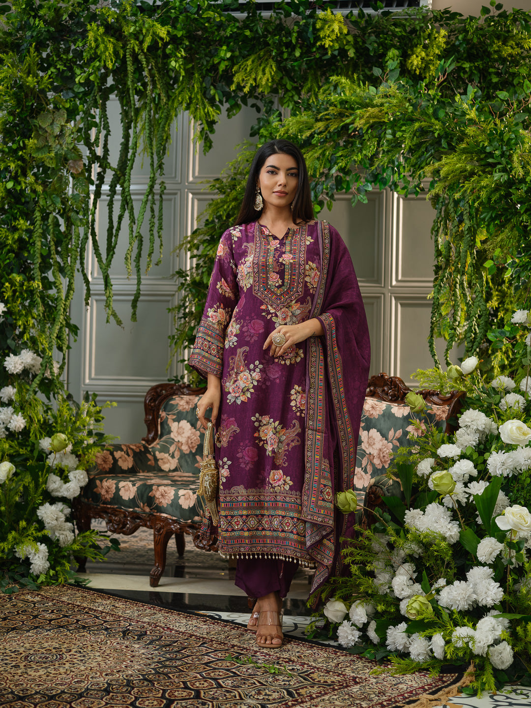 Wine & Purple Crepe Silk Floral Printed Kurta Set with Dupatta