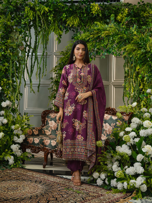 Wine & Purple Crepe Silk Floral Printed Kurta Set with Dupatta