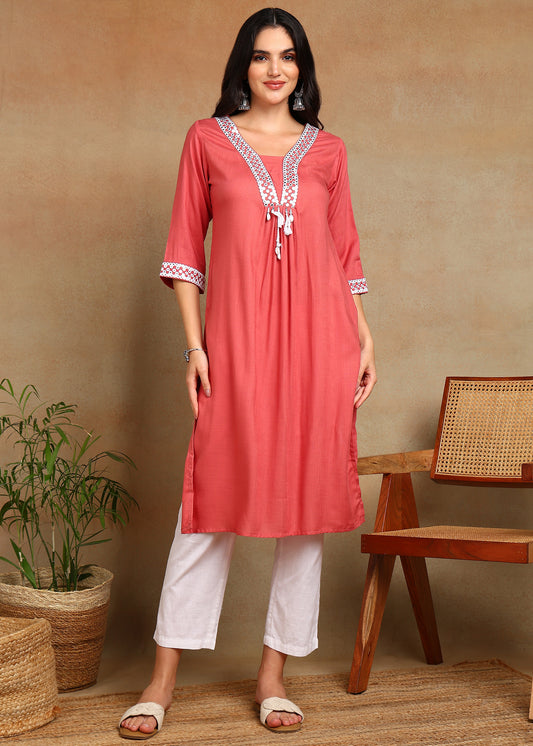 Peach Rayon Slub Kurti with White Embroidered Lace Detailing