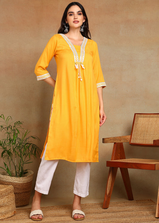 Mustard Rayon Slub Kurti with White Embroidered Lace Detailing