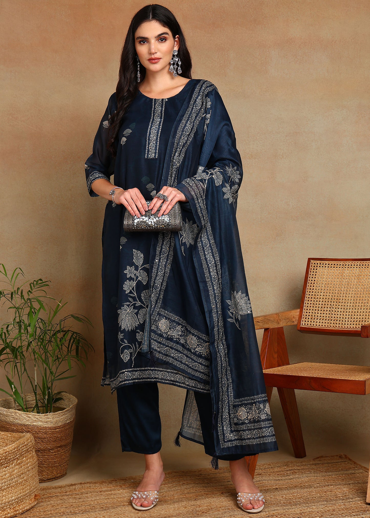Women's Navy-Blue Ethnic Motif Printed Kurta with Kantha & Sequin Work, Paired with Trousers and Dupatta