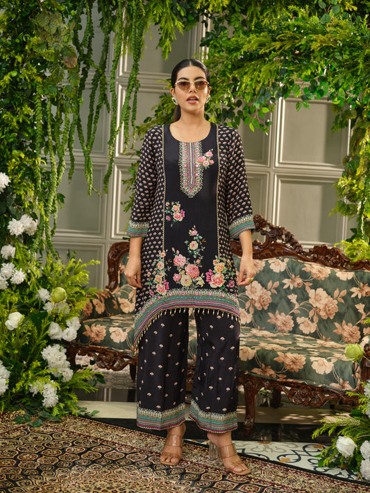 Black Digital Print Co-ord Set with Handwork