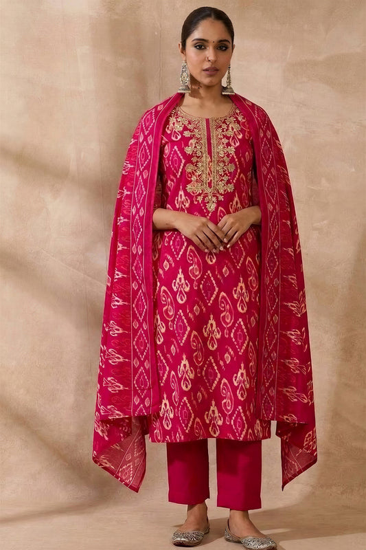 Green Embroidered A-Line Kurta Set with Round Neck, Three-Quarter Sleeves, Solid Trousers and Printed Dupatta for Women