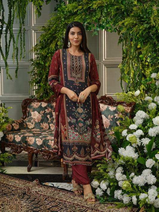 Maroon & Black Printed Kurta Set with Embroidered Yoke, Pants & Dupatta