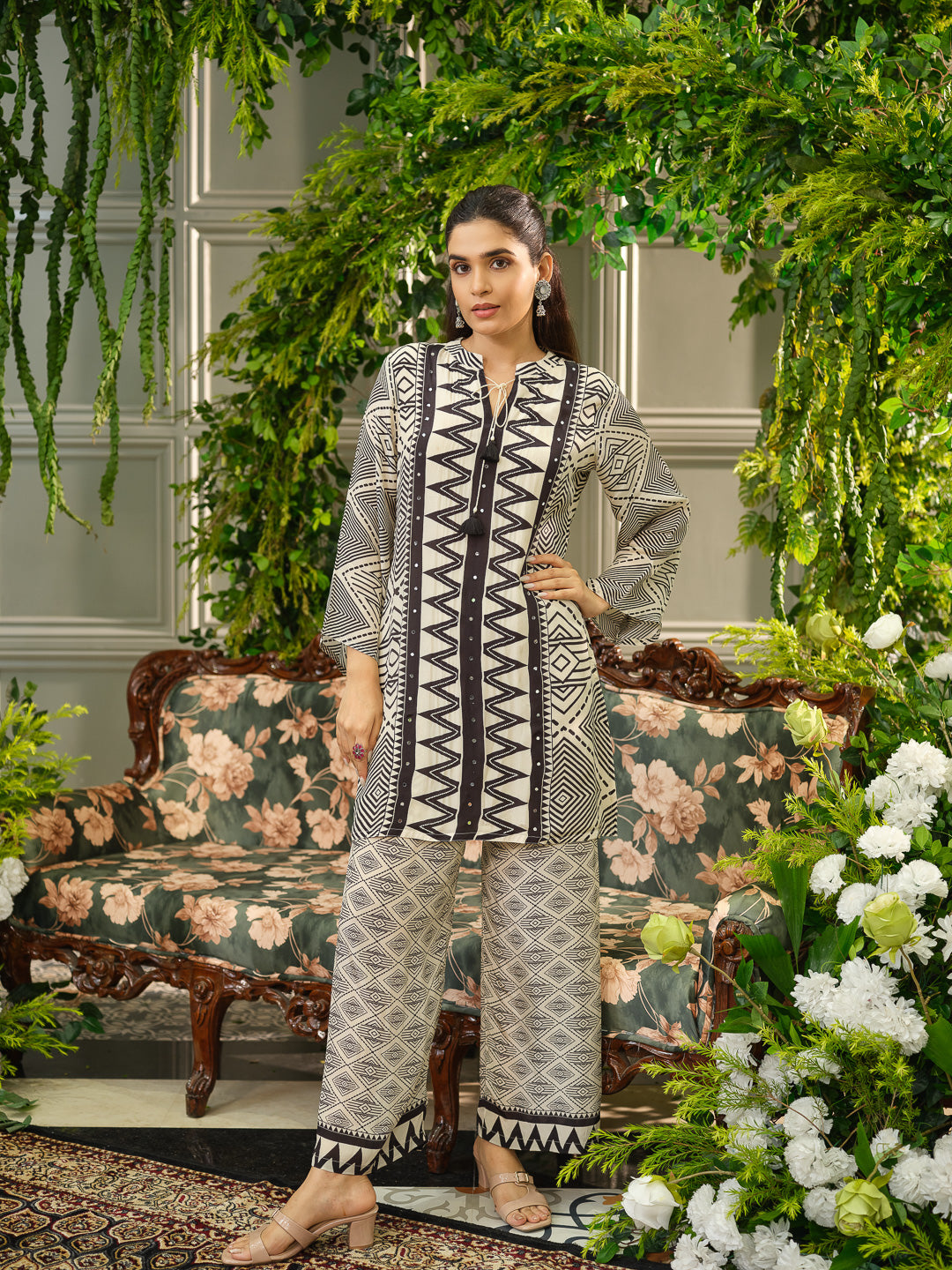 Elegant Black & Off White Geometric Printed Cotton Kurta Set