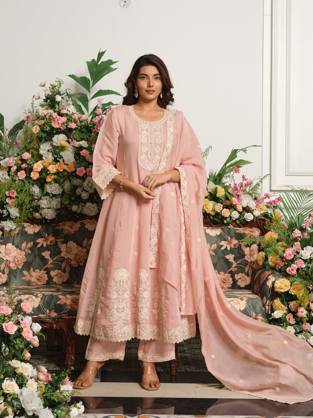 Beige Embroidered Anarkali Kurta Set with Matching Trousers and Embroidered Dupatta in Chanderi Silk Fabric