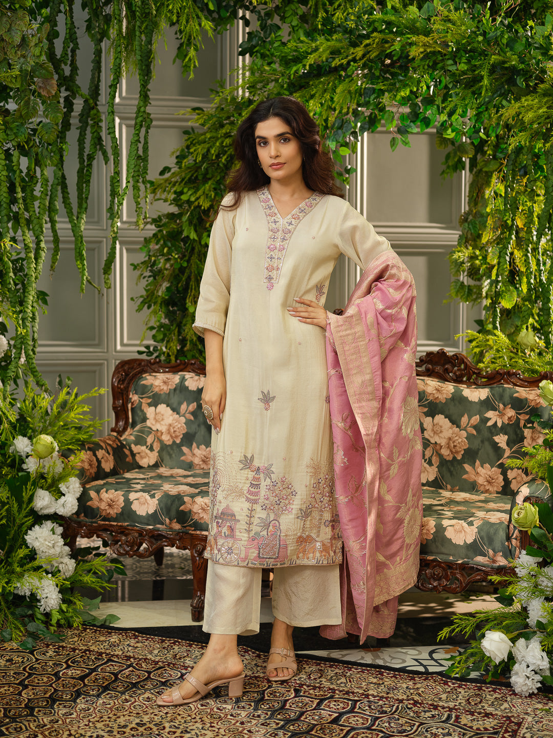 Elegant Peach Embroidered Kurta Set with Pink Dupatta