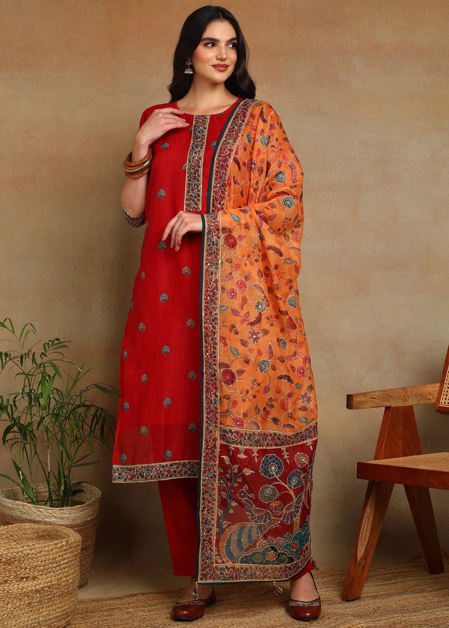 Women's Red Ethnic Motif Printed Kurta with Kantha & Sequin Work, Paired with Trousers and Dupatta