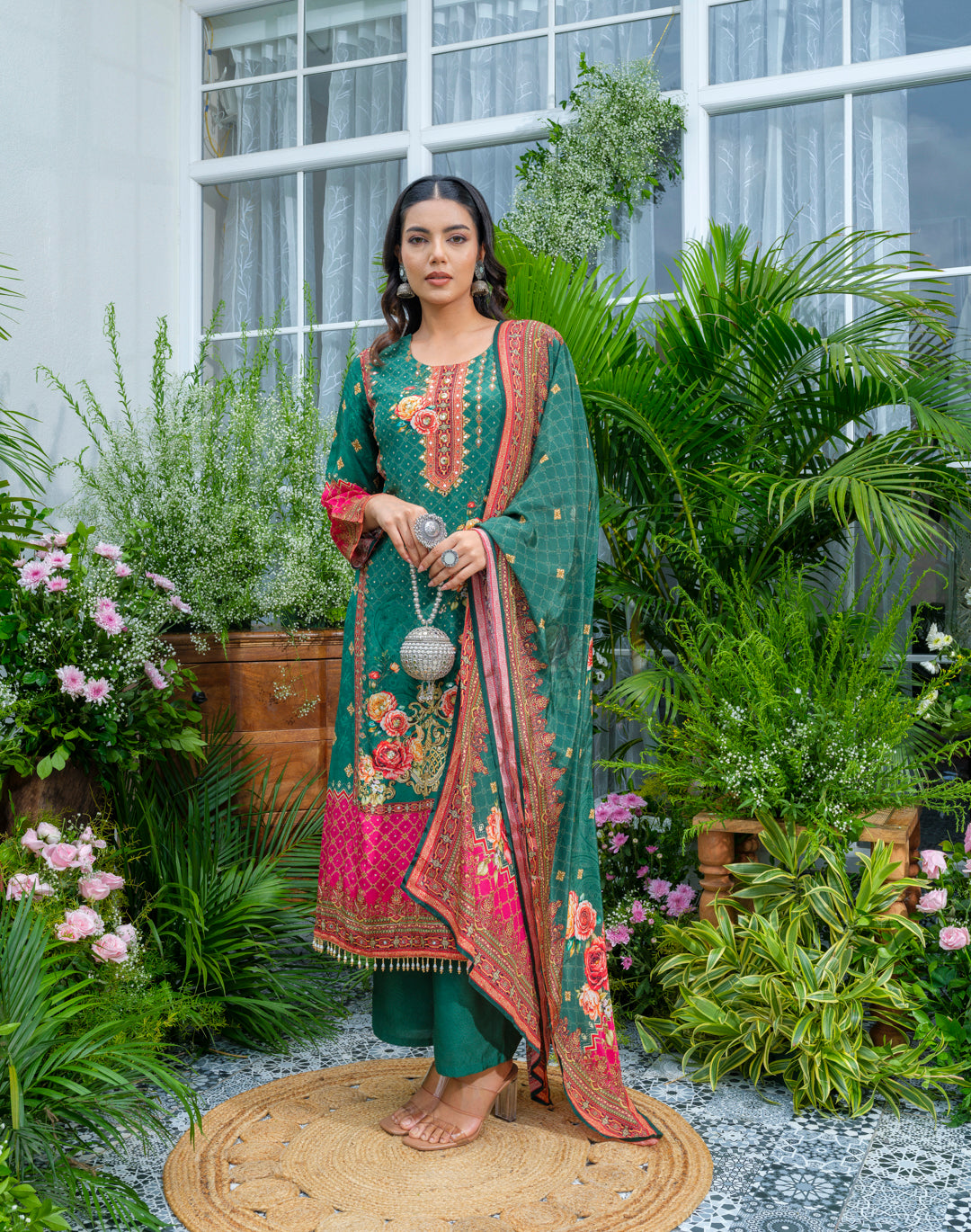 Elegant Green And Pink Floral Embroidered Kurta With Dupatta