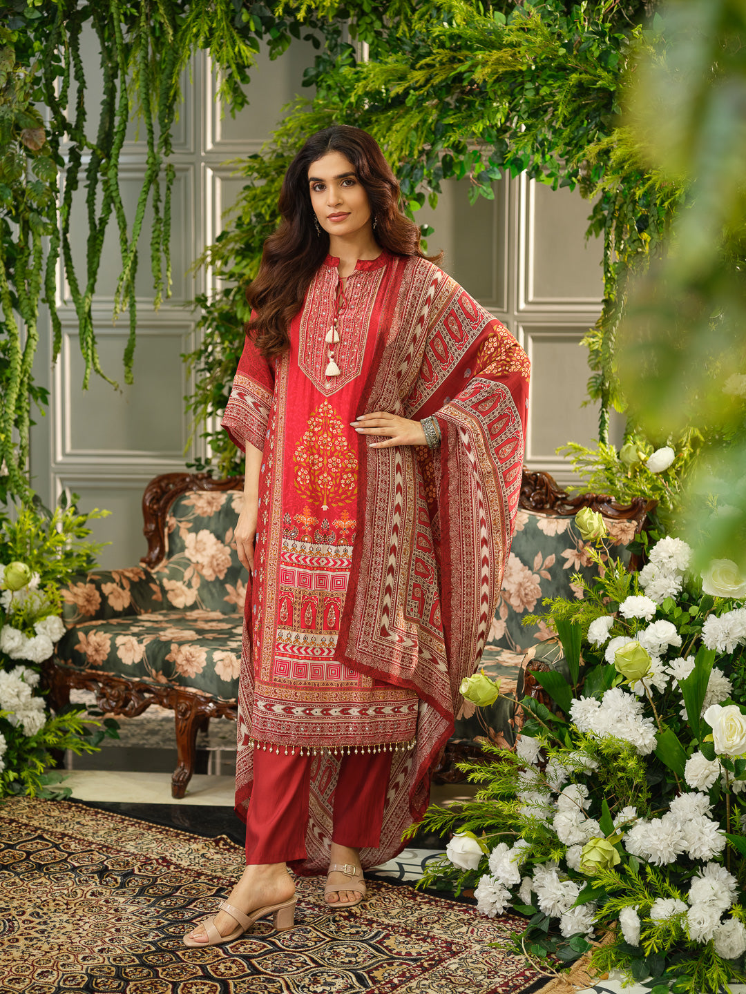 Red Digital Print Kurta Set with Heavy Handwork & Dupatta