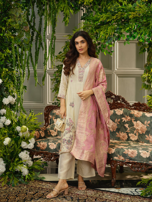 Off White Embroidered Kurta Set with Pastel Pink Dupatta