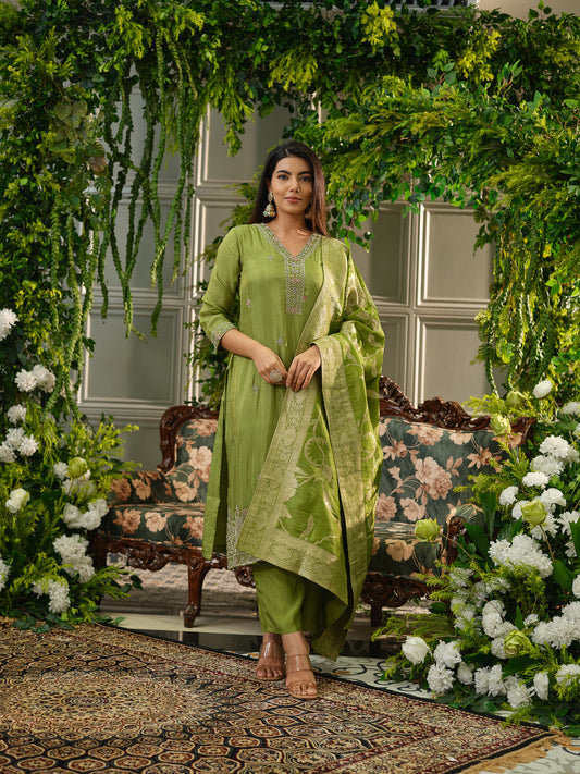 Mehndi Green Viscose Tissue Kurta Set with Jacquard Dupatta