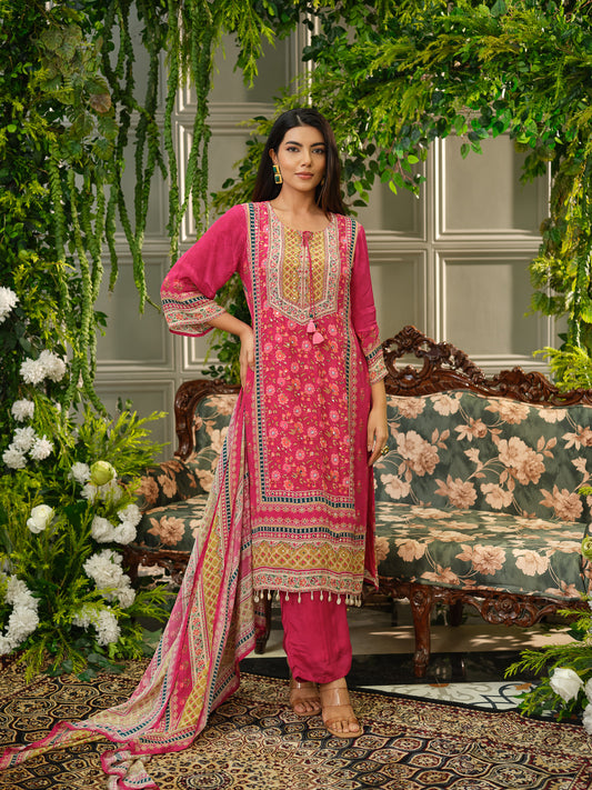 Pink Digital Print Kurta Set with Heavy Handwork & Dupatta