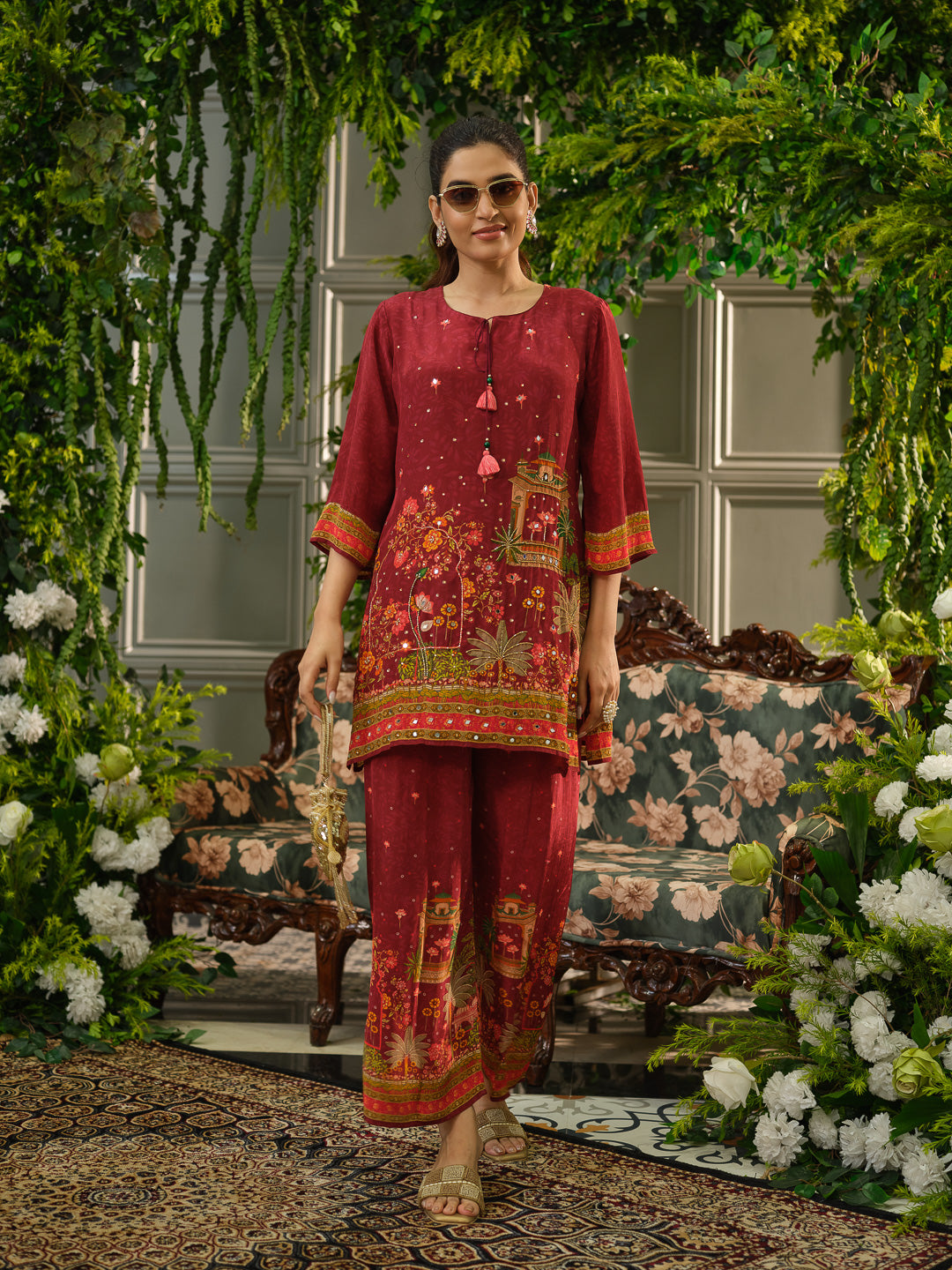 Maroon Digital Print Co-ord Set with Heavy Handwork