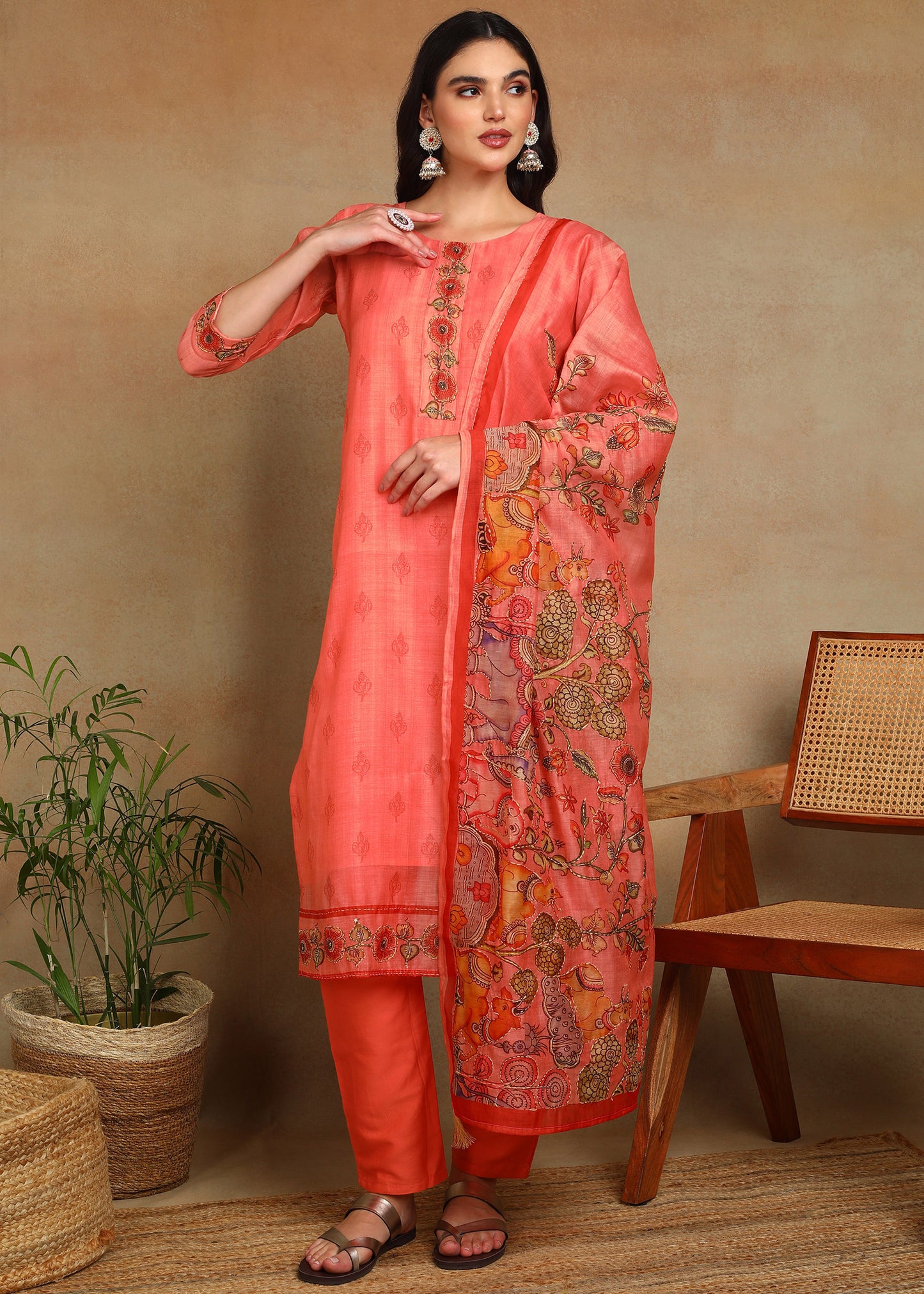 Women's Peach Ethnic Motif Printed Kurta with Kantha & Sequin Work, Paired with Trousers and Dupatta