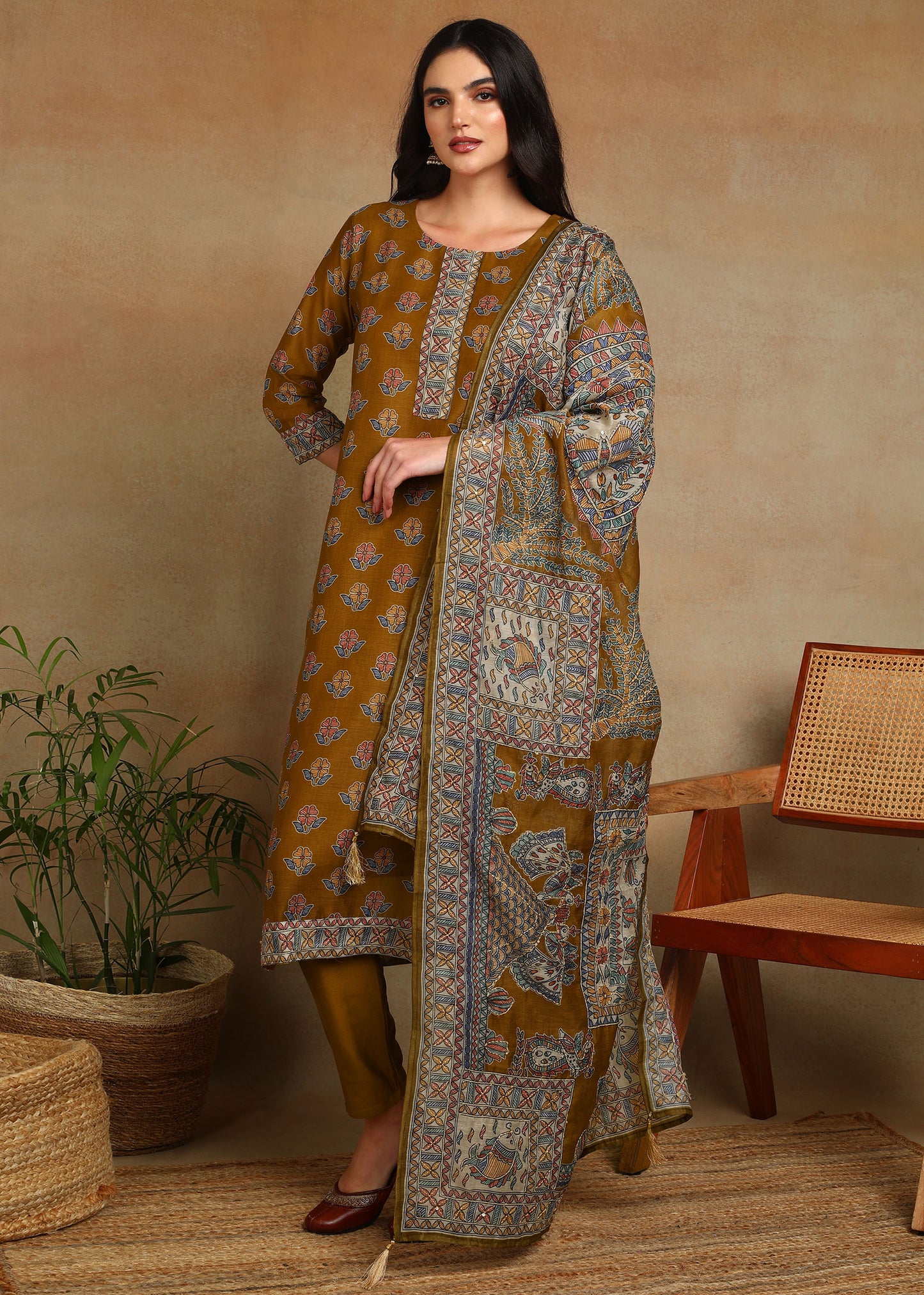 Women's Olive Green Ethnic Motif Printed Kurta with Kantha & Sequin Work, Paired with Trousers and Dupatta