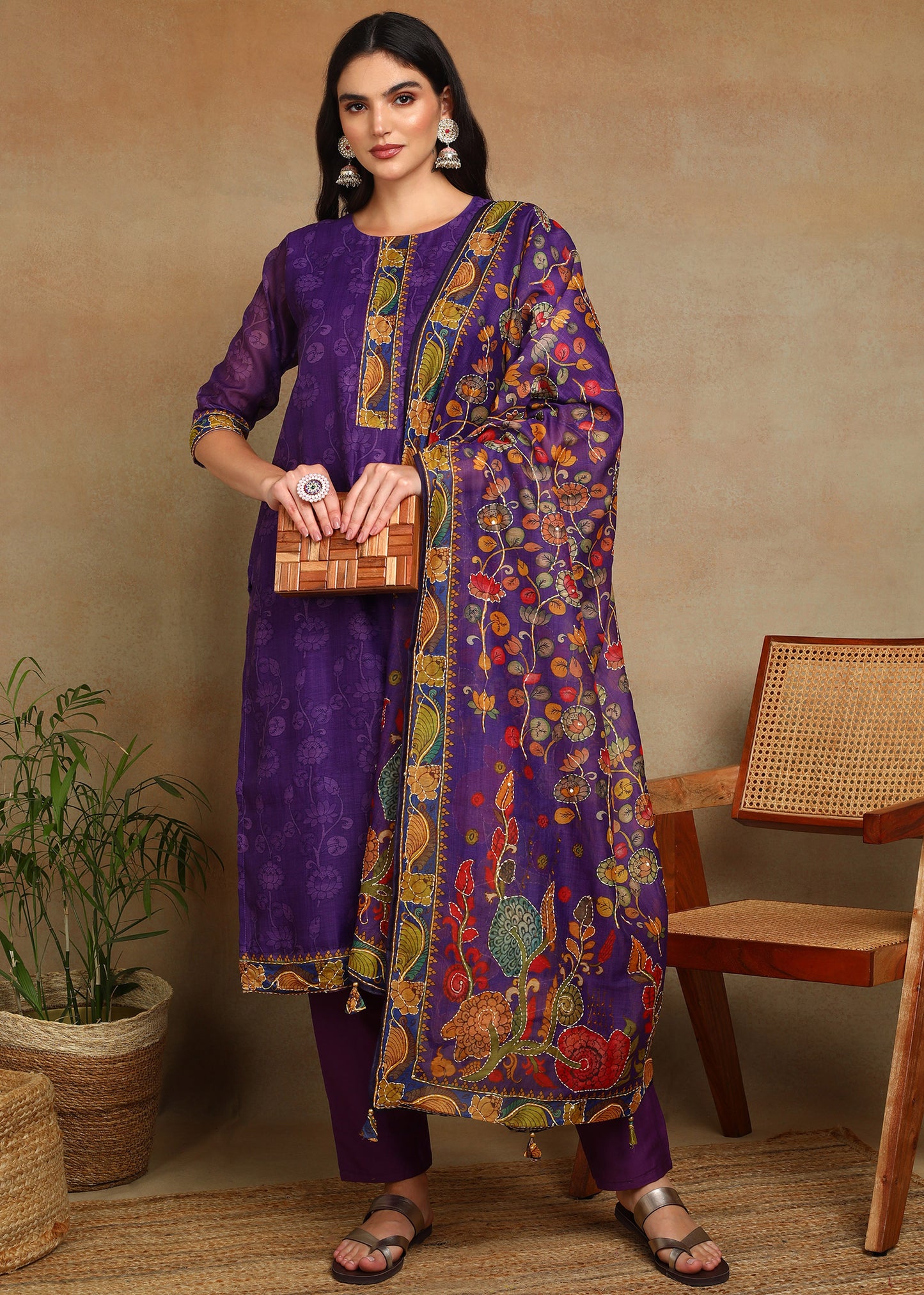 Women's Purple Ethnic Motif Printed Kurta with Kantha & Sequin Work, Paired with Trousers and Dupatta