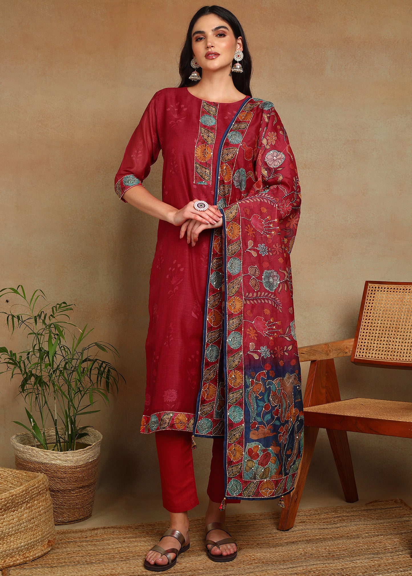 Women's Red Ethnic Motif Printed Kurta with Kantha & Sequin Work, Paired with Trousers and Dupatta
