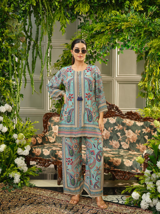 Sea Blue Printed Natural Crepe Silk Co-ords Set with Tassels & Handwork