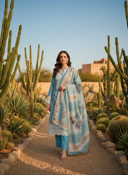 Printed Tissue V-Neck Kurta Trousers & Dupatta