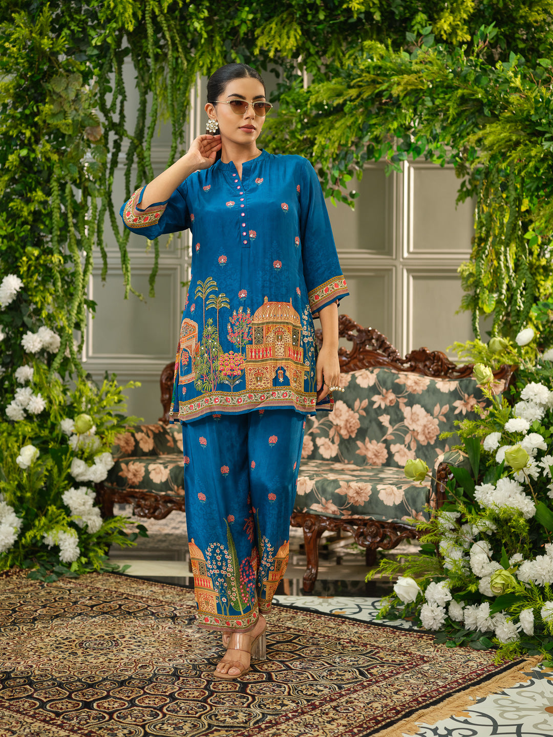Royal Blue Digital Print Co-ord Set with Handwork